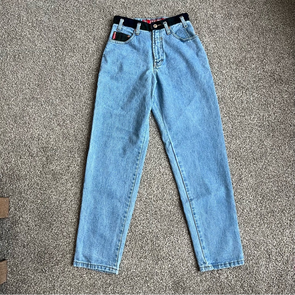 Jou Jou Vintage Light Wash Straight‎ Leg Jean with Blue/green Plaid, Size…